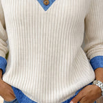 Nadorine Women's Casual Denim Patchwork Ribbed Knit Blouse