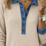 Nadorine Women's Casual Patchwork Denim Ribbed Knit Blouse