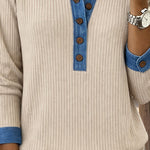 Nadorine Women's Casual Patchwork Denim Ribbed Knit Blouse