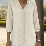 Nadorine Trendy V-neck Ruffled Trim Lantern Sleeve Blouse for Women Cute Summer Casual 2026 | Under $40