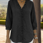 Nadorine Trendy V-neck Ruffled Trim Lantern Sleeve Blouse for Women Cute Summer Casual 2026 | Under $40