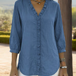 Nadorine Trendy V-neck Ruffled Trim Lantern Sleeve Blouse for Women Cute Summer Casual 2026 | Under $40