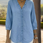 Nadorine Trendy V-neck Ruffled Trim Lantern Sleeve Blouse for Women Cute Summer Casual 2026 | Under $40