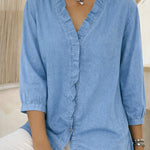 Nadorine Trendy V-neck Ruffled Trim Lantern Sleeve Blouse for Women Cute Summer Casual 2026 | Under $40