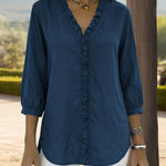 Nadorine Trendy V-neck Ruffled Trim Lantern Sleeve Blouse for Women Cute Summer Casual 2026 | Under $40