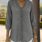 Nadorine Trendy V-neck Ruffled Trim Lantern Sleeve Blouse for Women Cute Summer Casual 2026 | Under $40