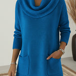 Relaxed Fit Cowl Neck Longline Sweater with Pockets