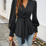 Elegant Tie Waist V-Neck Wrap Blouse