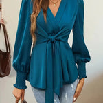 Elegant Tie Waist V-Neck Wrap Blouse