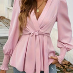 Elegant Tie Waist V-Neck Wrap Blouse