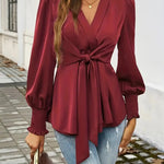 Elegant Tie Waist V-Neck Wrap Blouse