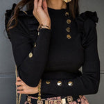 Elegant Ruffle Trim Button Detail Rib Blouse