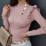 Elegant Ruffle Trim Button Detail Rib Blouse