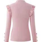 Elegant Ruffle Trim Button Detail Rib Blouse