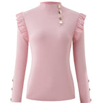 Elegant Ruffle Trim Button Detail Rib Blouse