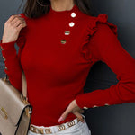 Elegant Ruffle Trim Button Detail Rib Blouse