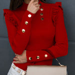 Elegant Ruffle Trim Button Detail Rib Blouse