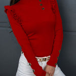 Elegant Ruffle Trim Button Detail Rib Blouse