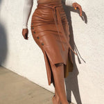 High Waist Side Split PU Midi Skirt