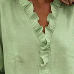 Nadorine Elegant Casual Ruffle Trim V-Neck Long Sleeve Blouse for Women Cute Summer Casual 2026 | Under $40