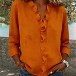 Nadorine Elegant Casual Ruffle Trim V-Neck Long Sleeve Blouse for Women Cute Summer Casual 2026 | Under $40