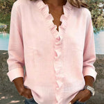 Nadorine Elegant Casual Ruffle Trim V-Neck Long Sleeve Blouse for Women Cute Summer Casual 2026 | Under $40