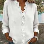 Nadorine Elegant Casual Ruffle Trim V-Neck Long Sleeve Blouse for Women Cute Summer Casual 2026 | Under $40