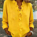 Nadorine Elegant Casual Ruffle Trim V-Neck Long Sleeve Blouse for Women Cute Summer Casual 2026 | Under $40
