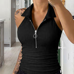 Modern Casual Collared Half-Zip Elastic Halter Top