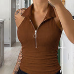 Modern Casual Collared Half-Zip Elastic Halter Top