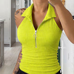 Modern Casual Collared Half-Zip Elastic Halter Top
