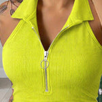 Modern Casual Collared Half-Zip Elastic Halter Top