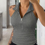 Modern Casual Collared Half-Zip Elastic Halter Top