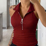 Modern Casual Collared Half-Zip Elastic Halter Top
