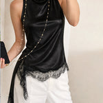 Fashion Asymmetrical Lace-trimmed Slit Hem Sleeveless Vest