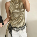 Fashion Asymmetrical Lace-trimmed Slit Hem Sleeveless Vest
