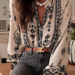 Nadorine Ethnic Style Printed Lantern Sleeves Blouse for Women Casual Work Office Loose Fit 2026 | Under $40