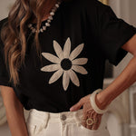 Fashion Contrast Color Flower Embroidery T-shirt