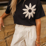 Fashion Contrast Color Flower Embroidery T-shirt
