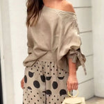Fashion Slant Shoulder Top Polka Dot Print Pants Matching Set