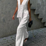 Urban Casual Deep V-neck Tank Top and Wide Legs Pants Set