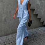 Urban Casual Deep V-neck Tank Top and Wide Legs Pants Set