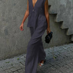Urban Casual Deep V-neck Tank Top and Wide Legs Pants Set