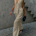 Urban Casual Deep V-neck Tank Top and Wide Legs Pants Set