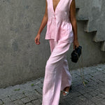 Urban Casual Deep V-neck Tank Top and Wide Legs Pants Set