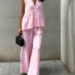 Urban Casual Deep V-neck Tank Top and Wide Legs Pants Set