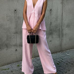 Urban Casual Deep V-neck Tank Top and Wide Legs Pants Set