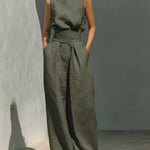 Elegant Minimalist Sleeveless High Neck Top Pants Set