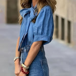 Nadorine Cute Puff Sleeves Bow Tie Blouse for Women Casual Work Office Loose Fit 2026 | Under $40