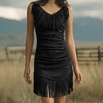 Western Cowgirl Faux Suede Fringed Bodycon Dress